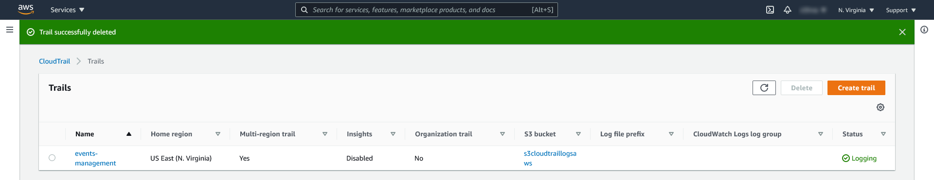 AWS Cloudtrail: ścieżka utworzona