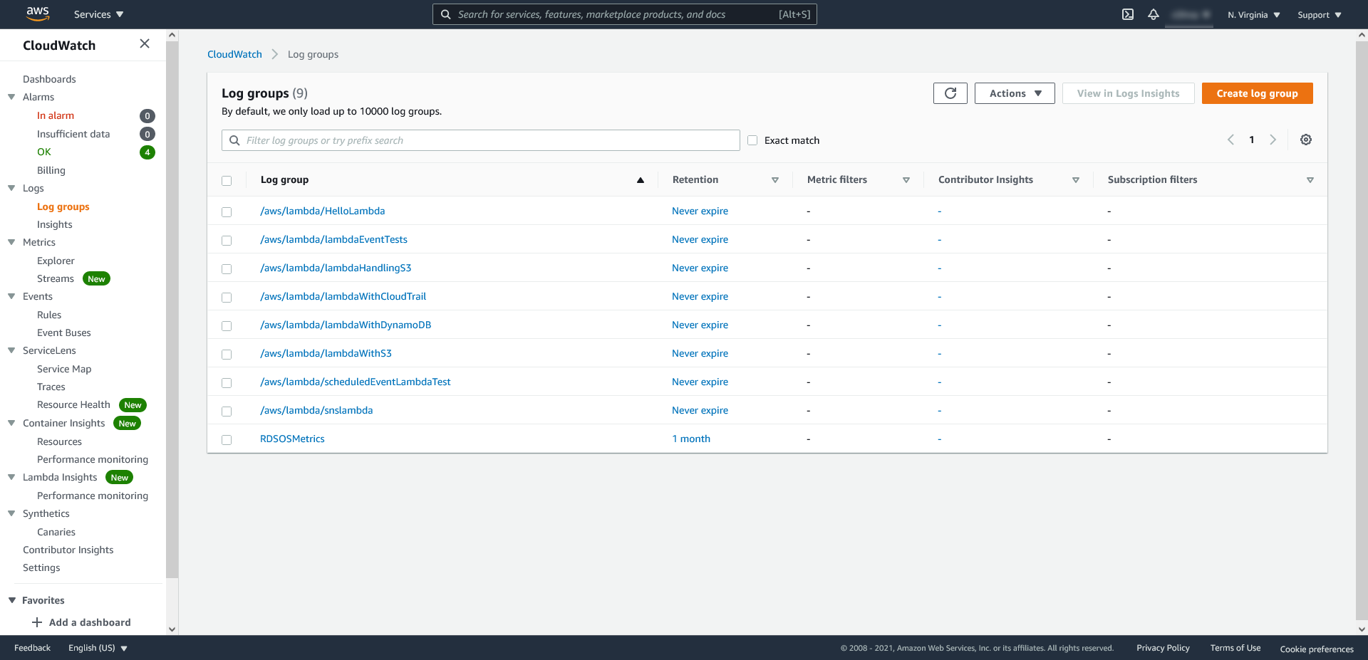 AWS: CloudWatch - grupy logów dla danej funkcji