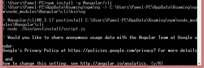 Angular 8: polityka prywatności w trakcie instalacji