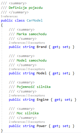 Komentarze XML dla klasy