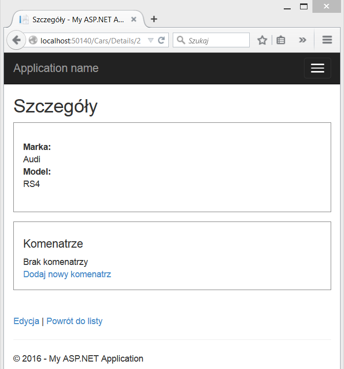 MVC - widok szczegółowy wraz z komentarzami