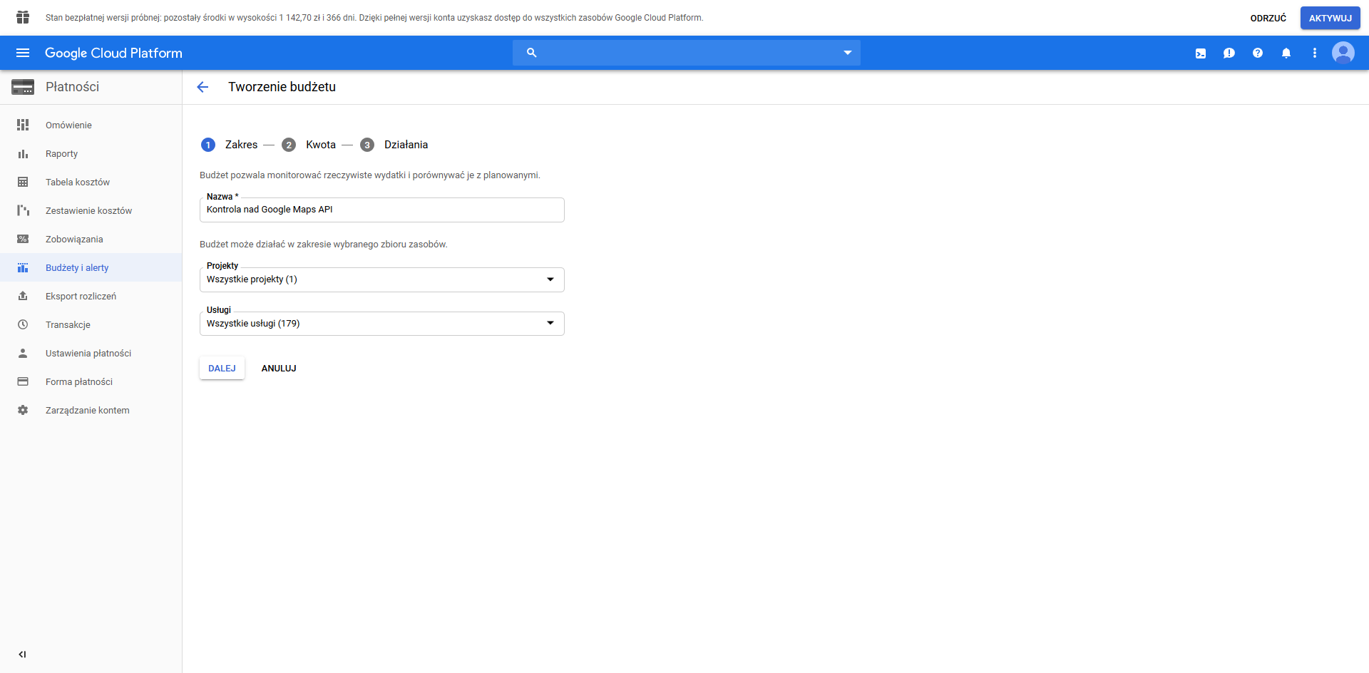 Google Cloud Platform: tworzenie budżetu