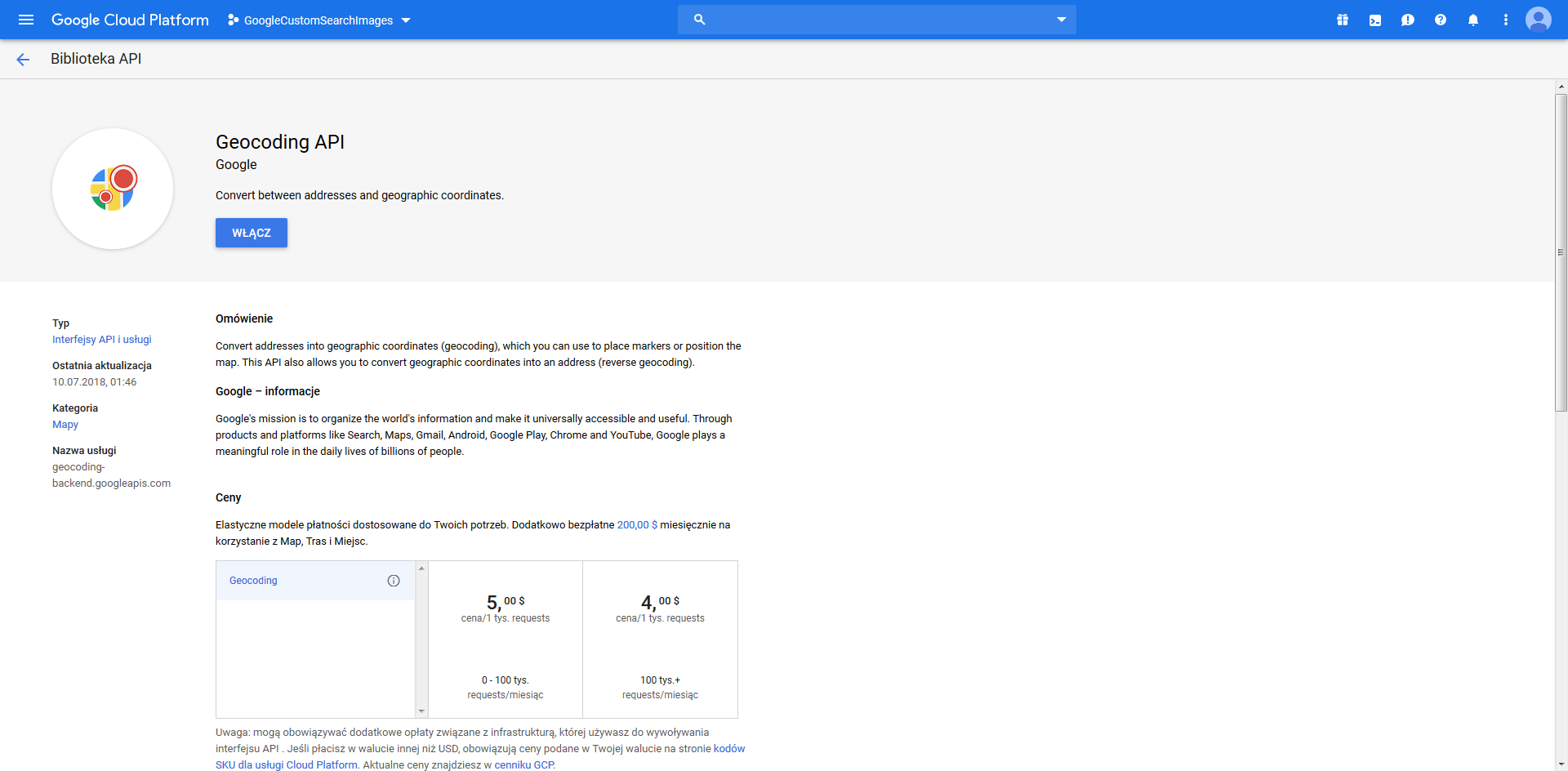 GeocodingAPI: włączanie usługi
