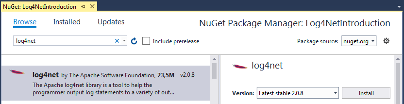 Log4net: NuGet Package Manager