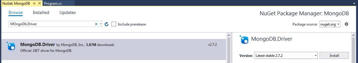 NuGet Package Manager: MongoDb:Driver