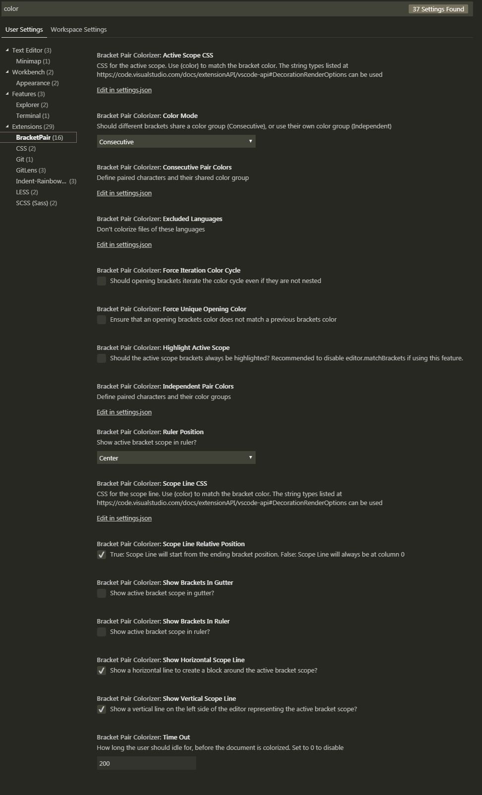 Bracket Pair Colorizer Settings