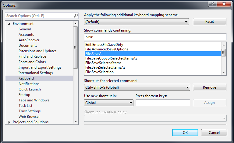Visual Studio: Ustawienia skrótów klawiszowych