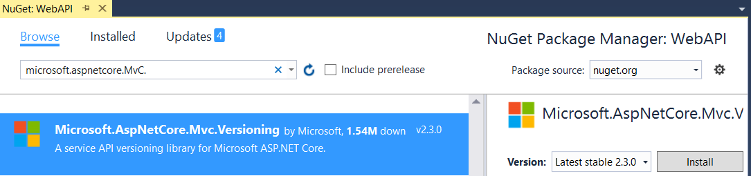 https://www.nuget.org/packages/Microsoft.AspNetCore.Mvc.Versioning