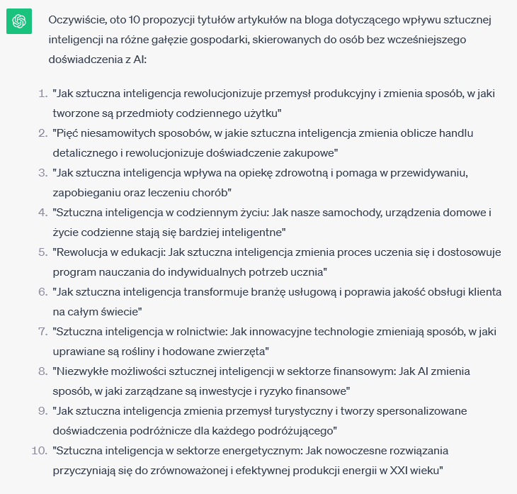 ChatGPT: 10 tytułów artykułów na bloga