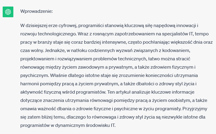 ChatGPT: artykuł - jak ważne jest utrzymanie równowagi w życiu programisty