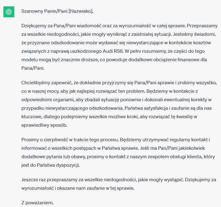 ChatGPT: email, zgłoszenie naprawy