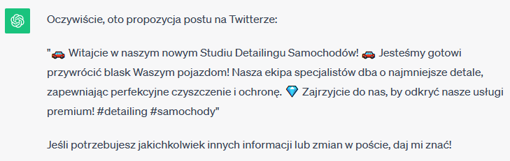 ChatGPT: twitter - przykładowy post