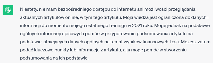 ChatGPT: podsumowanie - brak dostępu do internetu