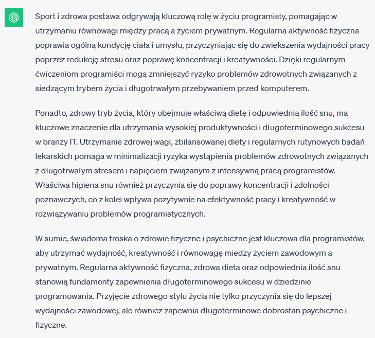 ChatGPT: artykuł - zdrowie programisty