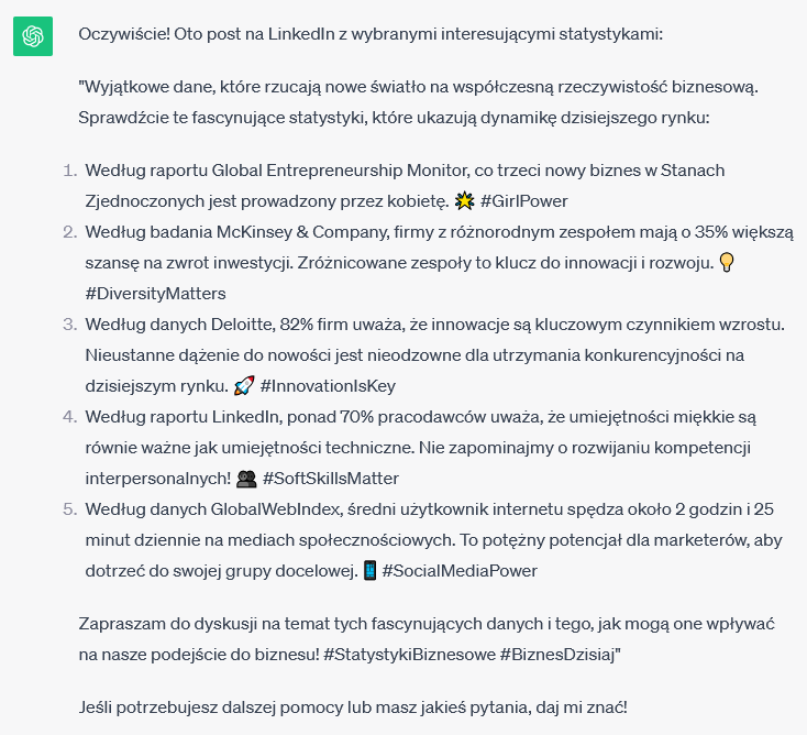 ChatGPT: LinkedIn - post: zbiór interesujących statystyk