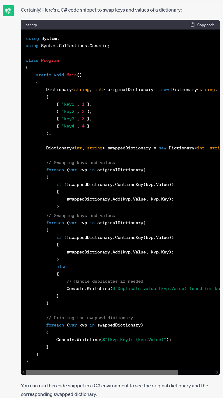 ChatGPT: C# - zamiana klucza i wartości w słowniku
