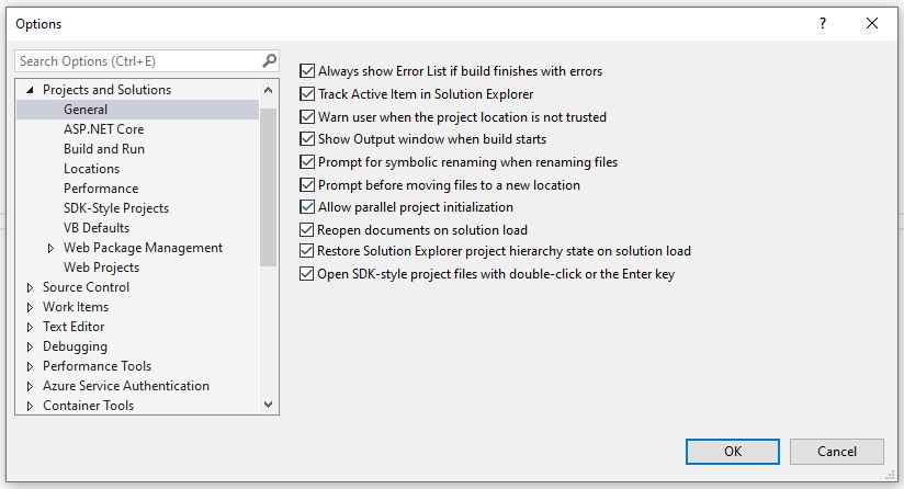 Visual Studio 2019: automatyczne śledzenie aktywnych plików